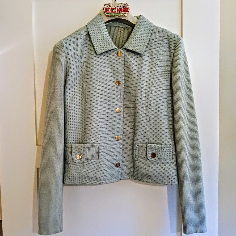 One Girl Who Baby Blue Perforated Leather Front Snap Sweater Jacket- Excellent!